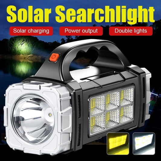 2024 Powerful LED Flashlight Usb+Solar Rechargeable Flashlight COB Outdoor Camping Torch Portable Searchlight Power Bank Outdoor