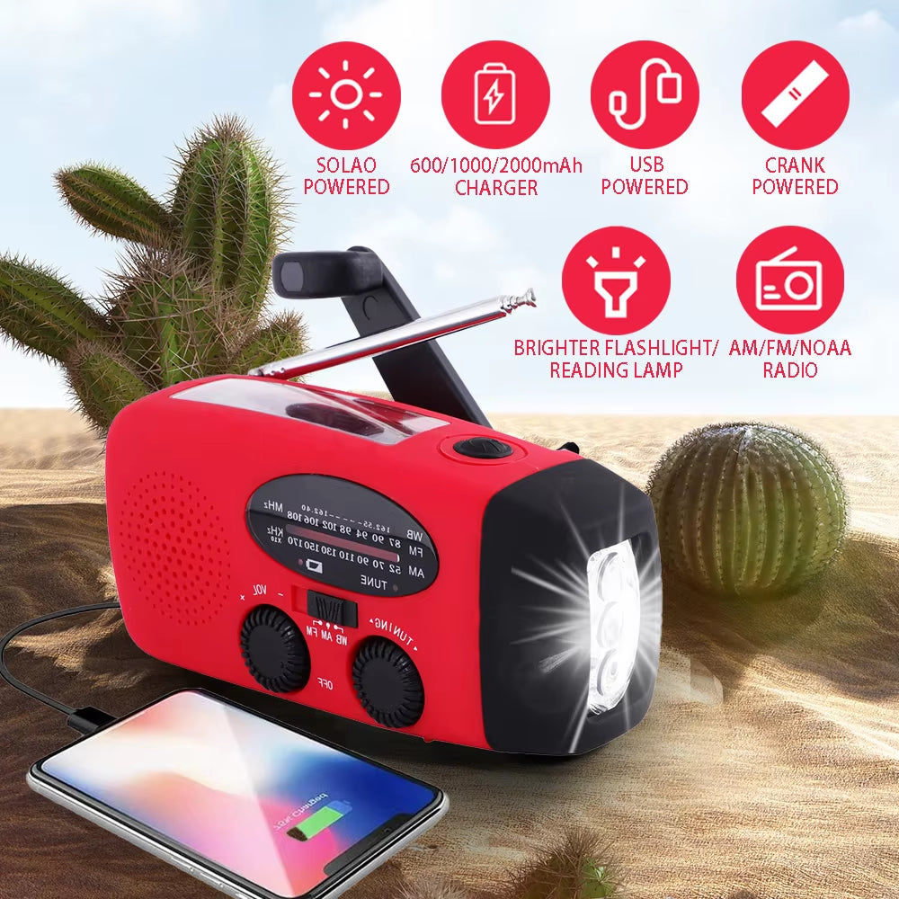 2000 Mah Emergency Radio with LED Lights Radio USB Solar Charging Light Outdoor Travel Portable Rechargeable FM/AM Radio